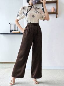 Modelyn Jacquard Drawstring Waist Wide Leg Pants, Hanfu Bottoms - Coffee Brown - View 3