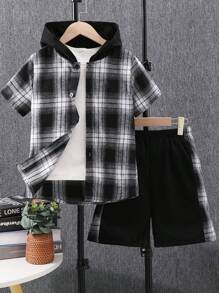 2pcs/Set Tween Boys Casual Plaid Short Sleeve Hooded Shirt & Plaid Patchwork Shorts, Summer - Black - View 1