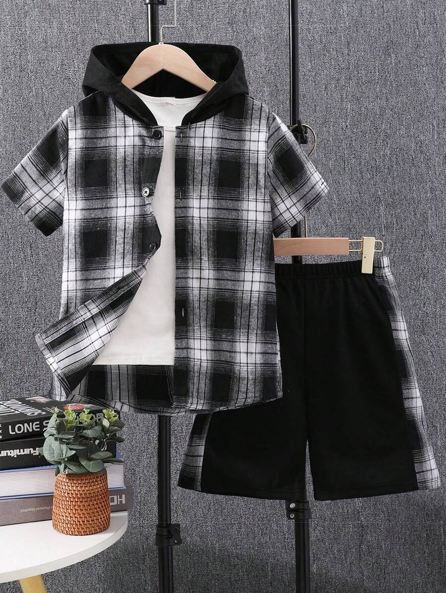 2pcs/Set Tween Boys Casual Plaid Short Sleeve Hooded Shirt & Plaid Patchwork Shorts, Summer - Black - View 1