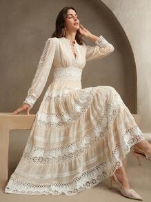 Anewsta 法式时尚宫廷镂空拼接柔软蕾丝边长裙，适合春季、节日、度假 - 米色 - 查看 1