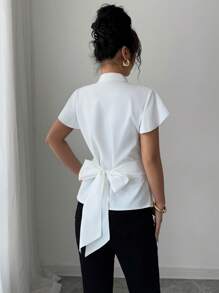 Selianne Elegant Romantic Vacation Women's Blouse With Stand Collar, Ruffle Sleeves, Ribbon Bowknot - White - View 2