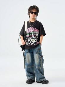 SHEIN Camiseta de manga corta informal con estampado de letras personalizado para niño preadolescente en primavera/verano