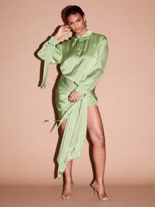 KIZN Satin Mini Dress Draped Front Tie Evening Party Long Sleeve Button Down Collared Elegant Silky Statement Front Split Spring Summer - Green - View 3