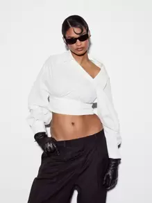 KIZN Designer Wrap Blouse Long Sleeve Asymmetric Collar Office Work Professional Business Wear Fall Winter Fashion Front Tie Elegant Sophisticated Top - White - View 1