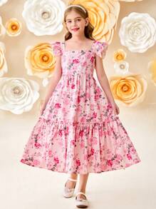 SHEIN Vestido con estampado floral, mangas cortas y escote en V para niña preadolescente, estilo de vacaciones - Rosa - Ver 3