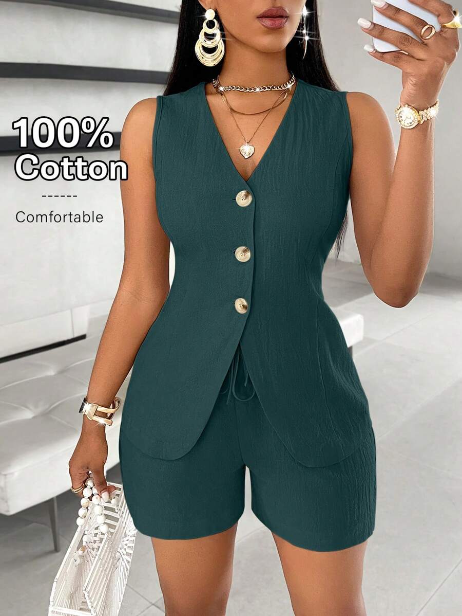 SOLERSUN Solid Button Front Vest Blazer & Shorts - Dark Green - View 1