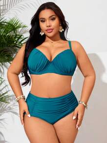 Swim Lushoire 大码女式全新纯色带衬垫钢圈三角形两件套泳衣套装，可调节肩带，高腰下装，褶皱胸部凸显优雅上衣和下装，端庄的海滩泳装