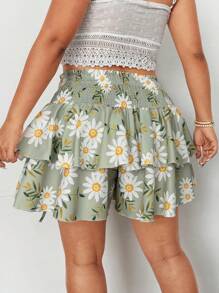 Flirla Plus Size Women Floral Print Drawstring Waist Double Layered Shorts - Multicolor - View 2