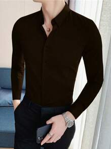 Manfinity Homme 女士纯色长袖单排扣休闲/工作衬衫 男士服装 男士衬衫 男士服装 男士衬衫 男士修身衬衫 男士服装 男士衬衫 男士长袖上衣 - 棕色 - 查看 1