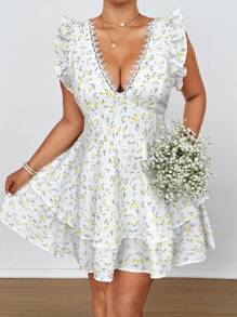 Flirla Plus Size Women's Ditsy Floral Ruffle Hem Short Dress, Vacation Style - White - View 7