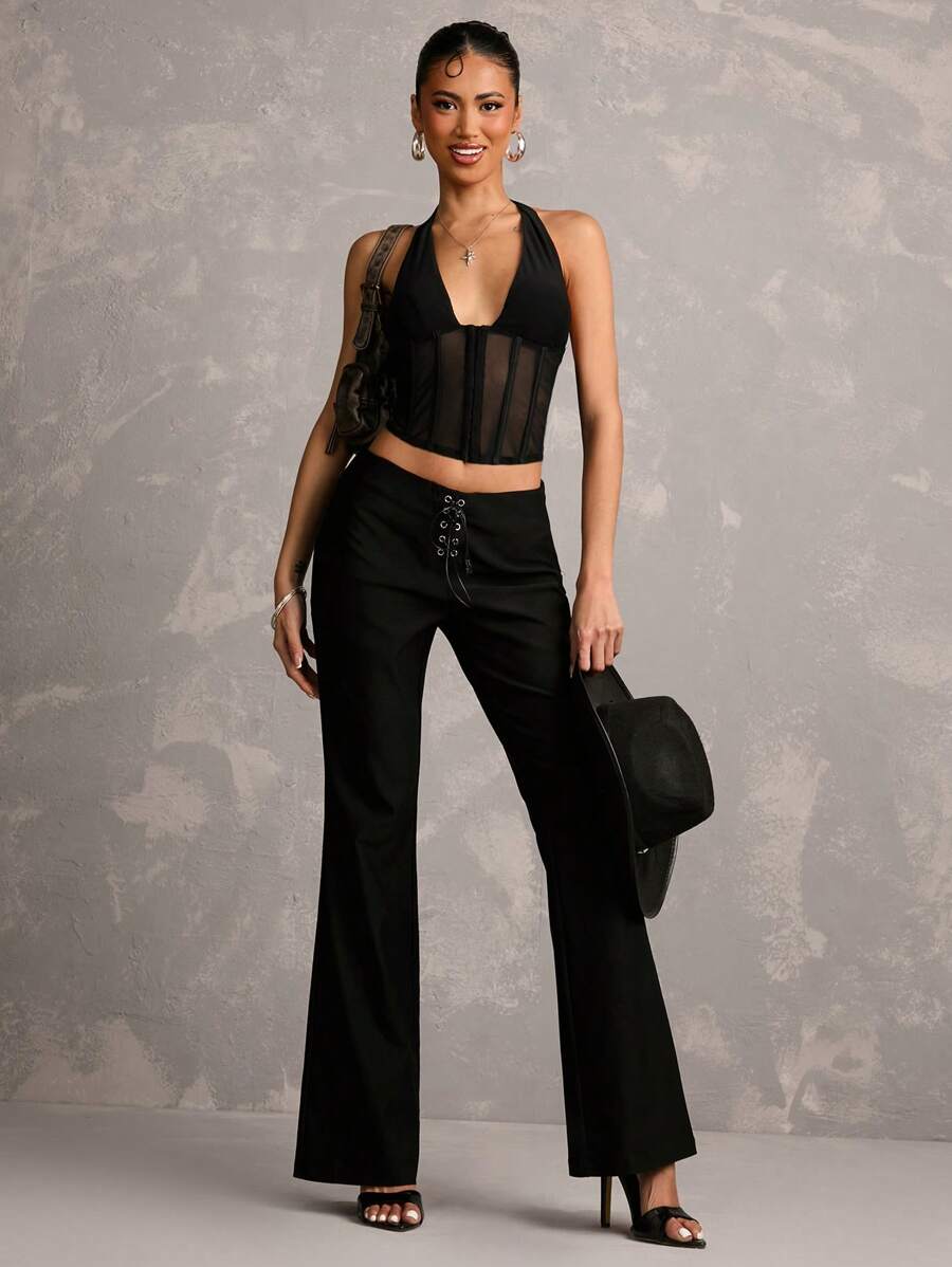 SHEIN BAE Spring Women's Halter Neck Deep V-Neck Front Button Bodycon Tank Top, Suitable For Parties, Casual Outings, Festivals And Street Events - Black - View 1