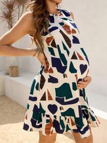 SHEIN Maternity Spring Geometric Print Round Neck Ruffle Hem Sleeveless Dress