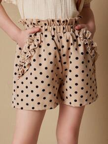 SHEIN Young Girls' French Elegant Apricot Base Floral Print Woven Shorts, Spring/Summer - Black and White - View 1