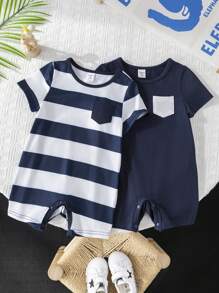 SHEIN Leap Crew 2 pièces/set Salopette et short à manches courtes en tricot avec motif rayé, doux, pour bébé garçon - Bleu et Blanc - Voir 5