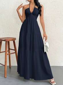 女式皱褶面料露背连衣裙，带吊带领和后背系带，适合节日、婚礼和活动 - 藏蓝色 - 查看 5