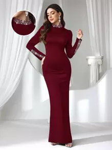 Coutiva 女士长款水钻和人造珍珠装饰优雅正式晚礼服派对礼服、婚礼宾客礼服 - 酒紅色 - 查看 1