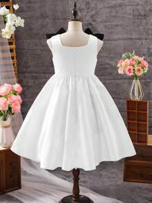 SHEIN Tween Girls Elegant Sleeveless Patchwork Contrast Color Bow Mid-Length Dress, Party Dress - White - View 9