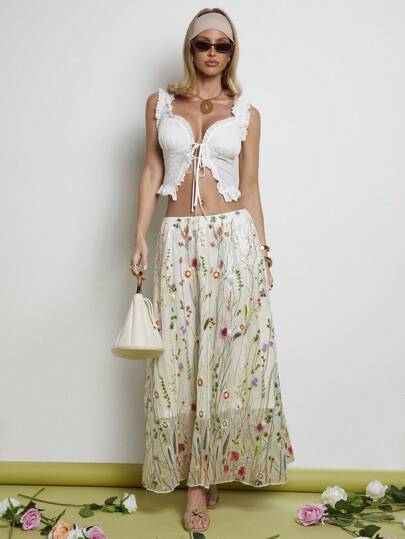 COSMINA 女士松紧腰花卉刺绣长裙