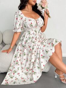 Flirla Plus Size Women Puff Sleeve Tie Waist Ditsy Floral Button Front A-Line Casual Dress, Elegant Vacation Dress - Multicolor - View 5