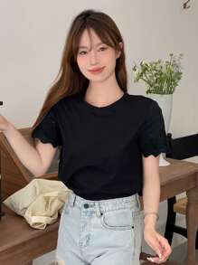 DAZY Solid Scallop Trim Tee - Black - View 3