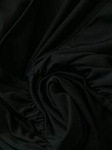 Flirla 2pcs Set: Plus Size Solid Color Short Sleeve V-Neck Bodysuit And Elastic Waist Long Pants - Black - View 6