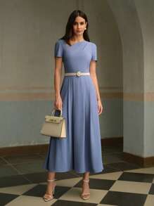 ZEYLAH 1pc Women's Elegant Asymmetrical Shoulder Maxi Dress, Simple & Fashionable, Suitable For Summer