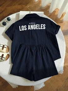 SHEIN Leap Crew Bộ 2 món/Bộ áo thun tay ngắn họa tiết chữ dễ thương màu tím cho bé trai & áo sơ mi tay ngắn màu trơn & quần short, phù hợp cho mùa xuân/hè, mặc dự tiệc - Màu xanh hải quân - Xem 3