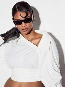 KIZN Designer Wrap Blouse Long Sleeve Asymmetric Collar Office Work Professional Business Wear Fall Winter Fashion Front Tie Elegant Sophisticated Top - White - View 4