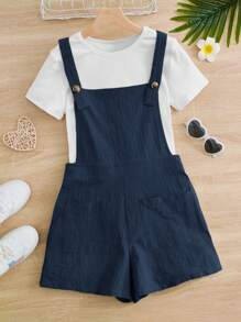 SHEIN 2pcs/Set Teen Girl Solid Ribbed T-Shirt & Overall Shorts - Navy Blue - View 5
