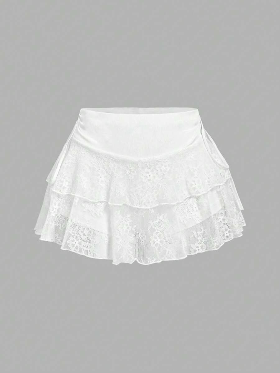 SHEIN MOD Women's White Lace Drawstring Waist Mini Skirt, New Years, Rave Festival, Y2k Clothes, Sexy Skirt, Western Wear Women, Summer For Women, Country, Valentine Day, Cruise Women Sexy - White - View 1
