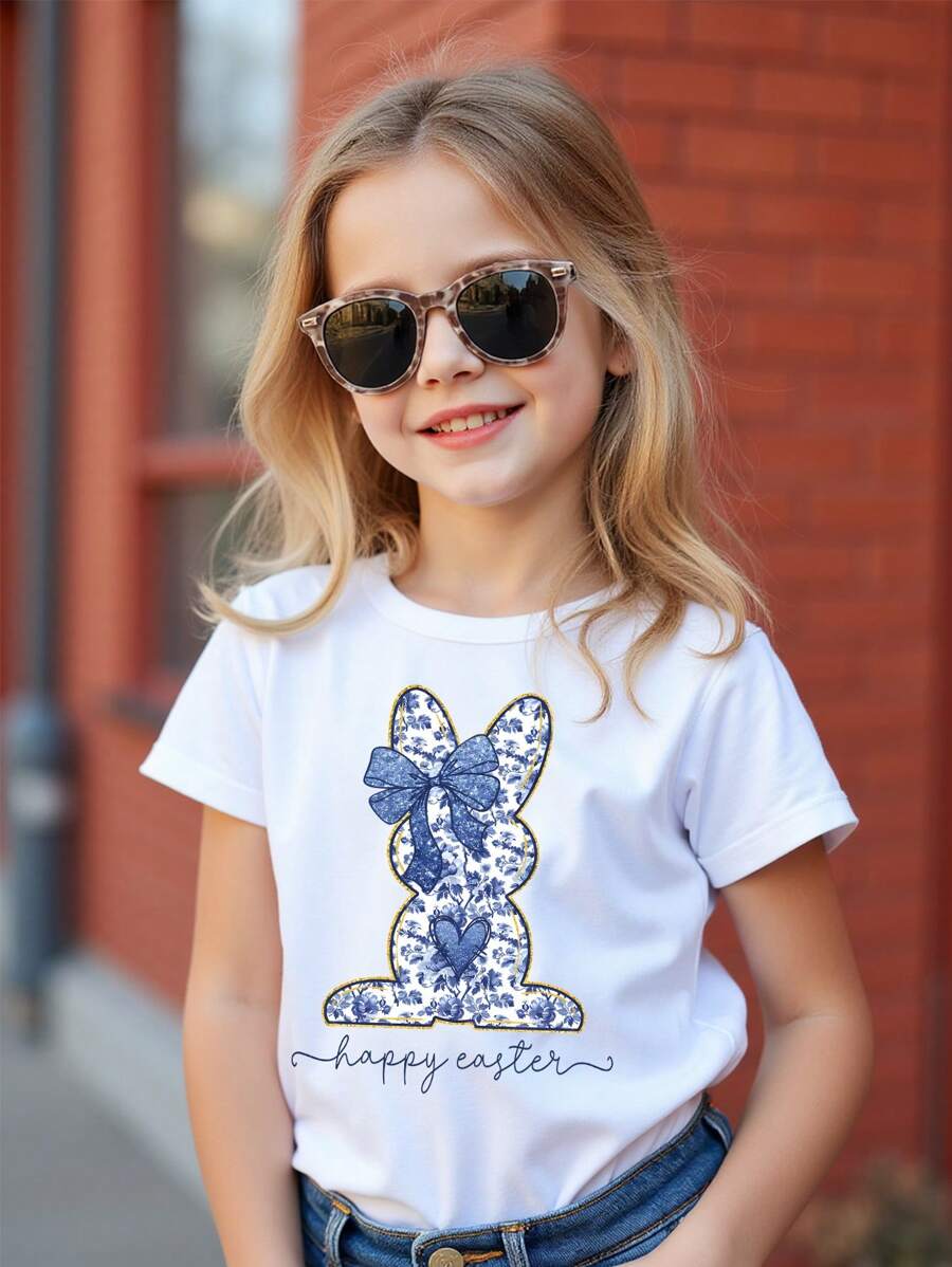Young Girl' Casual Blue & White Porcelain Bow, Cartoon Rabbit Print Short Sleeve Crew Neck T-Shirt, Suitable For Holidays, Vacations And Daily Wear, (Sold Separately, 1 Piece)