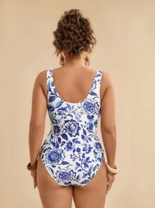Travachic Plus Size Women Tropical Floral Print Blue Jumper One-Piece Swimsuit, Casual Resort Wear