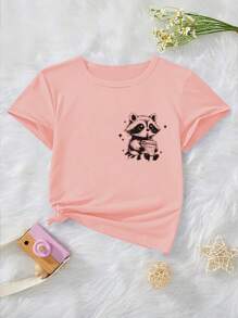 SHEIN Explorewe 青少年女孩休闲时尚舒适可爱浣熊喝珍珠奶茶字母和动物图案短袖 T 恤，春夏季 - 粉色 - 查看 3