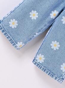 SHEIN Playful Pals Denimly Baby Girls' Casual Urban Light Wash Wide Leg Jeans With Floral Print, Pleated Waist & Elastic Waistband - Light Wash - View 4