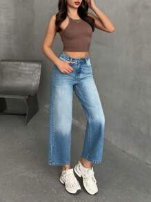 EURMUSE HIGH WAIST CROPPED STRAIGHT LEG JEAN - Medium Wash - View 6