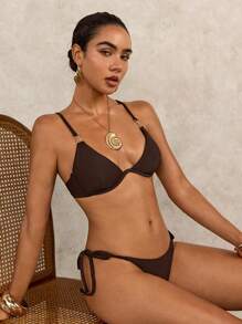 SHEIN Swim Women's Elegant Vacation Metal Decor Push-Up Underwire Swimwear Set