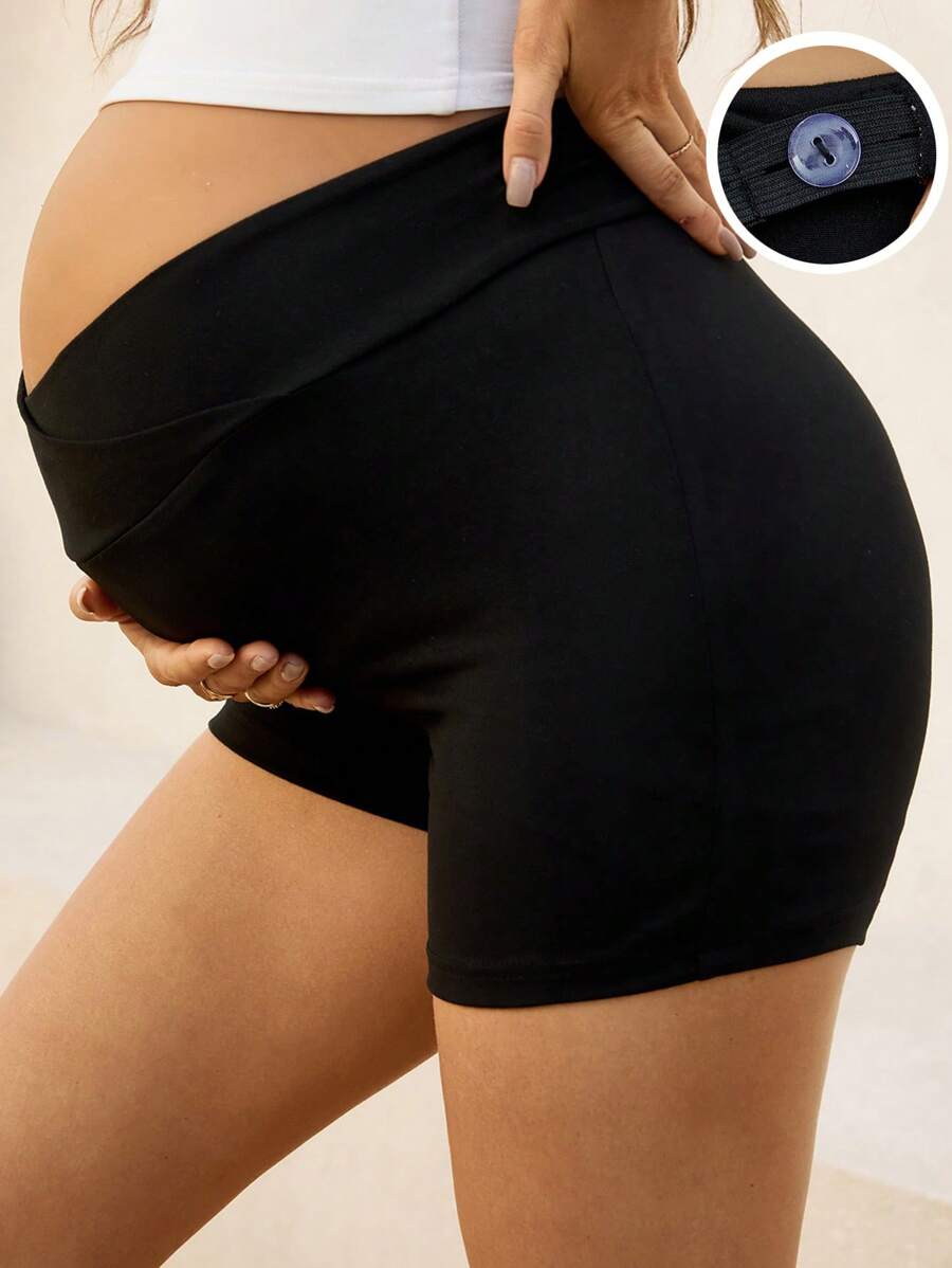 SHEIN Adjustable Waist Solid Color Maternity Leggings, Fitted Spring Women's Clothing Cycling Shorts