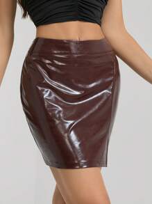 SHEIN Tall High Waist Plain Color Slit Skirt, Office/Commuting Style