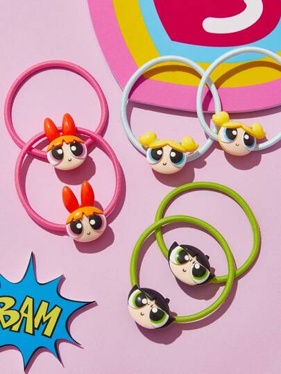 THE POWERPUFF GIRLS X SHEIN 可愛い漫画風 エラスティック ヘアバンド 6個セット、マルチカラー、3Dデザイン、引っかからずしっかりホールド、ヘアタイ、ポニーテールホルダー、ヘアゴム、ヘアバンド