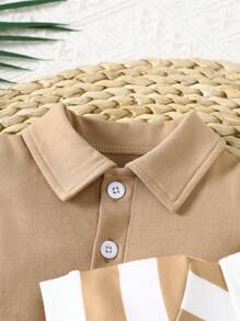 SHEIN Vintaside Kids 2 Stücke/Set Kleinkind süß Lässig farbblockstreifen Kragen Knopf-up Kurzarm Romper - Khaki - Übersicht 3
