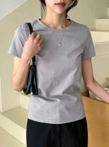 DAZY 纯色圆领T恤，商务休闲女式学院风上衣 - 淺灰色 - 查看 6