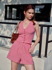 2 件套女士春季格纹单排扣吊带上衣和短裤休闲套装