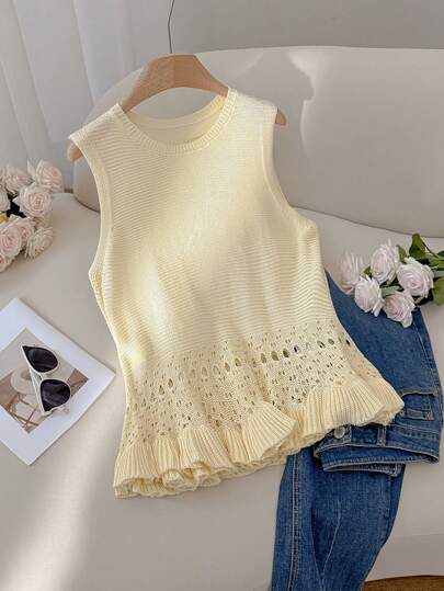 CosyJoli Plus Size Women's Fashion Casual Elegant Vacation Apricot Classy Concert Outfits Summer Outfits For Women Summer Tops Beachwear Vacation Outfits Woman Beach Outfits For Woman Beach Business Casual Woman Summer Clothes Vacation Y2k Vacation Outfits Women Beach Cover Up Women Cute Tops Women Rave Sleeveless Crochet Ruffle Hem Breathable Tank Top,Slightly Sheer