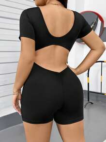 SHEIN Essnce 女士加大码紧身连体衣、黑色紧身裤、瑜伽裤、露背连体衣、运动健身服、夏季健身服、女士夏季服装 Gyaru - 黑色 - 查看 5