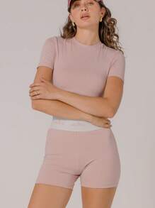 Aralina Women Letter Print Short Sleeve Crop Top And Shorts Sports Set - Pink - View 9