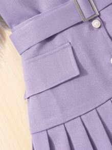 SHEIN Váy vải họa tiết đơn hàng khuy tay bồng ngắn cổ màu tương phản cho bé gái tuổi mới lớn - Màu tím - Xem 3
