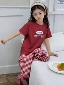 Dazy Kids 2pcs/Set Tween Girl Round Neck Short Sleeve Bear Print T-Shirt + Woven Plaid Pants, Spring/Summer - Red - View 2