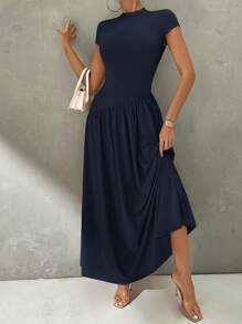 Firerie Minimalistisch Elegant Dagelijks Draagbaar Uniek Effen Kleur Korte Mouw Getailleerde Staande Kraag Asymmetrische A-lijn Taille Lange Jurk