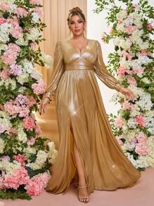 SHEIN Belle Vestido de noche formal de tela metálica con escote en V profundo en color dorado, para invitada de boda, fiesta, vestido de gala, talla grande - Champán - Ver 5