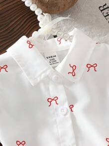 SHEIN Baby Girls Black Butterfly Print Lapel Shirt And Pleated Skirt 2Pcs Set, Summer Casual Outfit